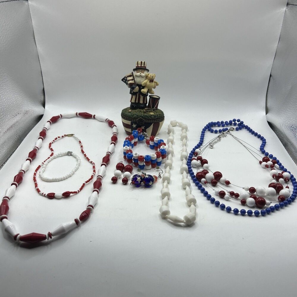 Red White And Blue Costume Jewelry Lot 4th Of July Patriotic Merica Trinket Box